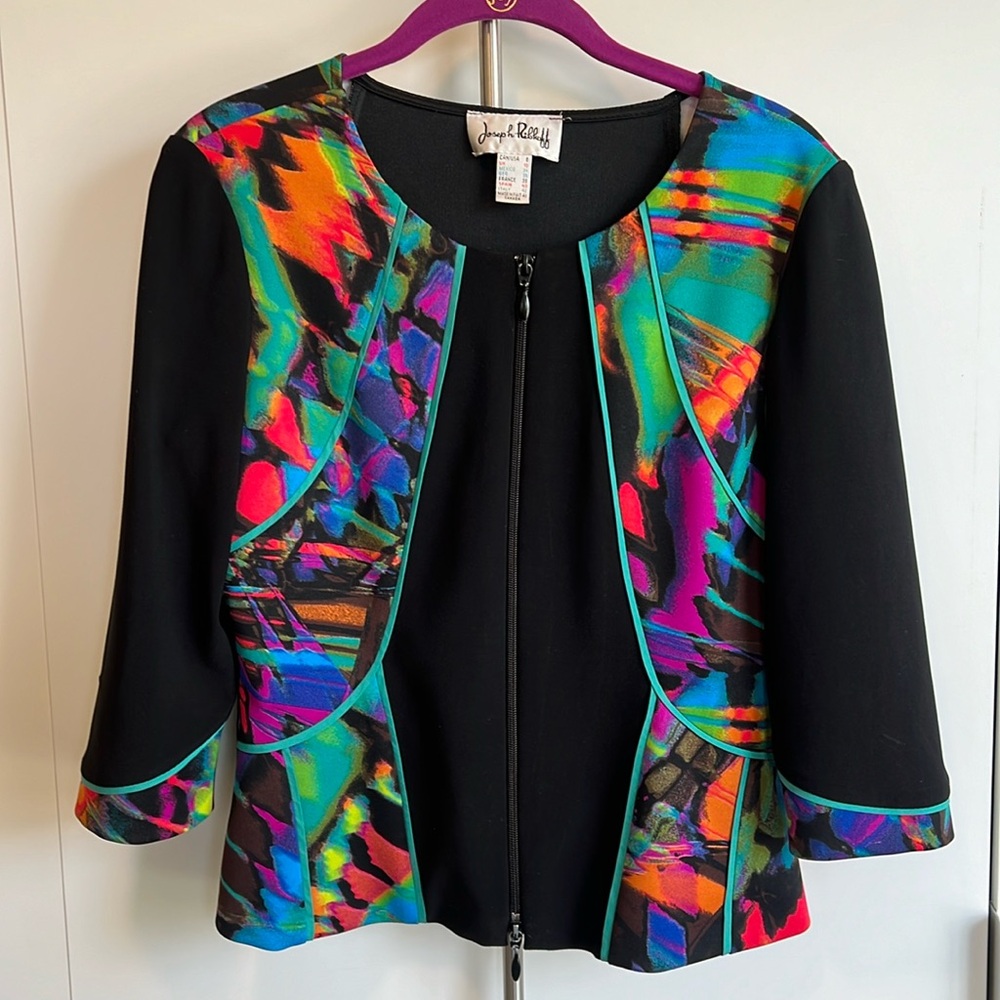 Joseph Ribkoff Jacket 8 Multicolor Abstract Zipper light Stretch Silky Short
